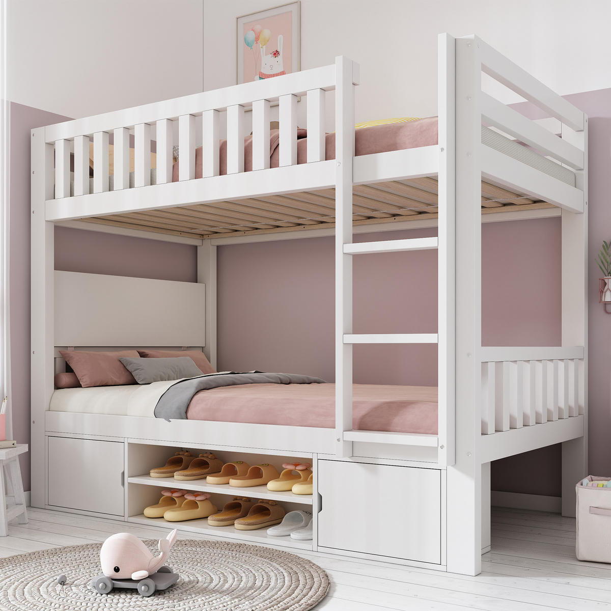 ETAGENBETT 90/200 cm & 90/200 cm in Weiß mit Klapptisch und Schuhregal - Weiß, Holz/Holzwerkstoff (90/200cm) - WISHDOR