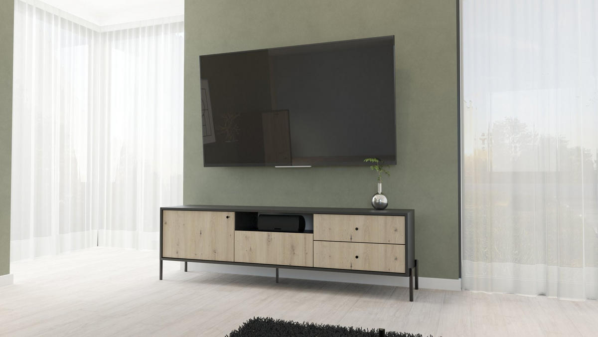 TV-LOWBOARD Raviero Schwarz / Artisan Eiche 200 cm - Beige/Schwarz, Holzwerkstoff/Metall (200/58/40cm) - Selsey