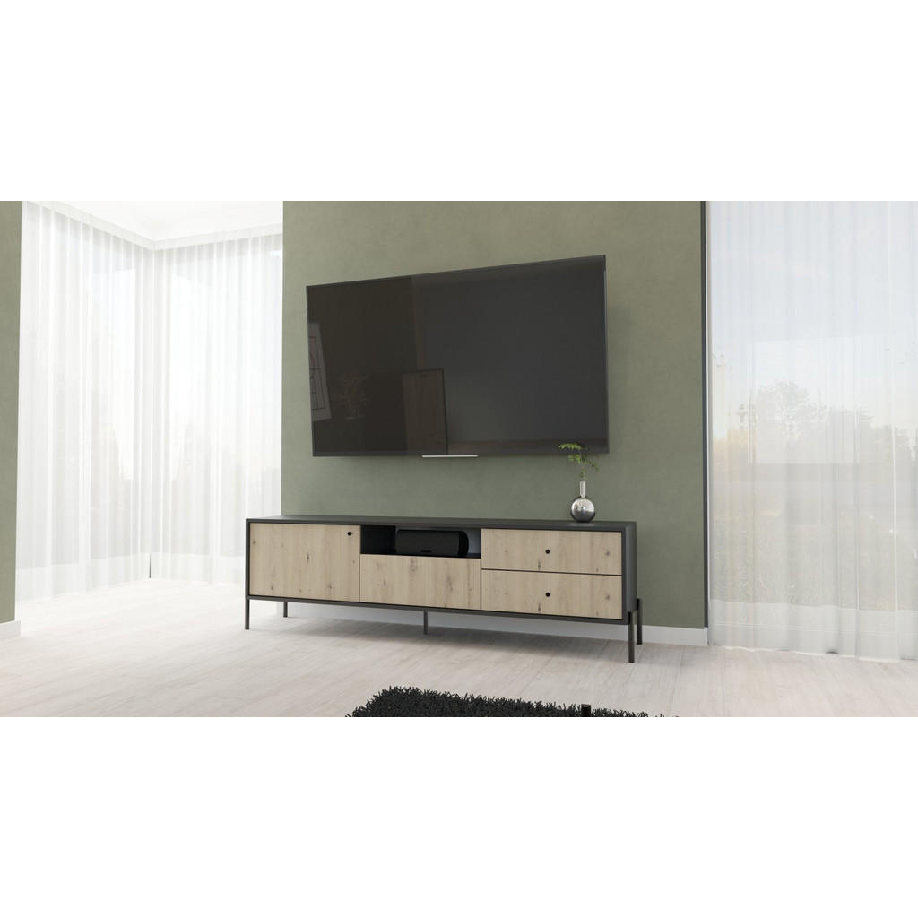 Thumbnail - Selsey Tv-Lowboard, Schwarz, Holzwerkstoff, 1 Fächer, 3 Schubladen, Rechteckig, 200x58x40 cm, Wohnzimmer, Wohnwände, Low...