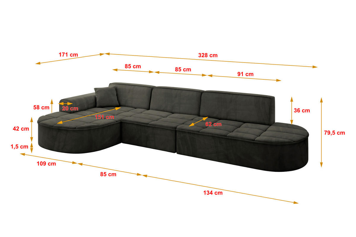 ECKSOFA Ottomane Links TARO-L2 - 328x171x79,5 cm Schwarz - Schwarz, Holzwerkstoff/Textil (328/171cm) - ALTDECOR