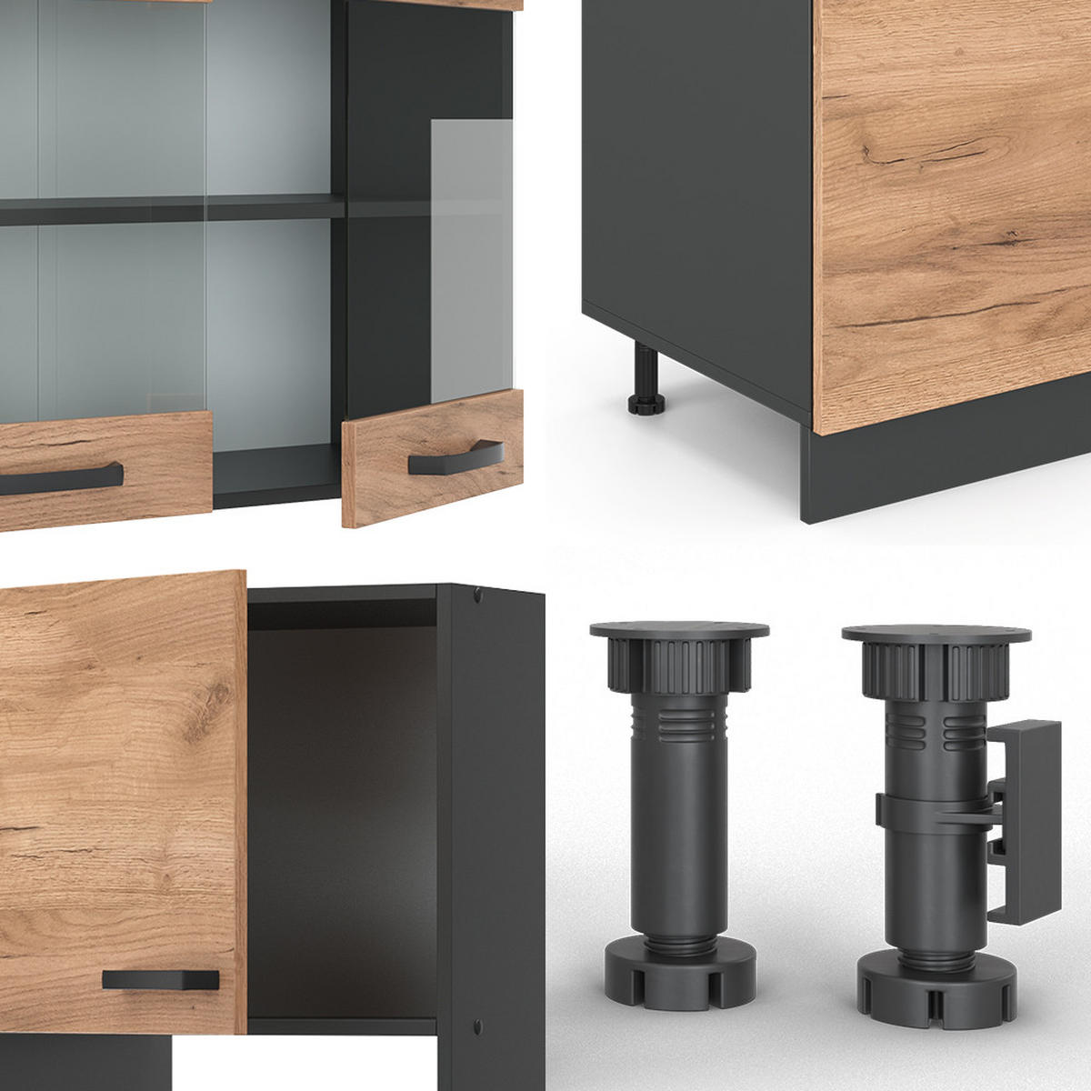 KÜCHENZEILE R-Line Goldkraft Eiche/Anthrazit 300 cm mit Hochschrank AP Eiche - Honigeiche/Anthrazit, Holzwerkstoff (300/81.6/60cm) - Vicco