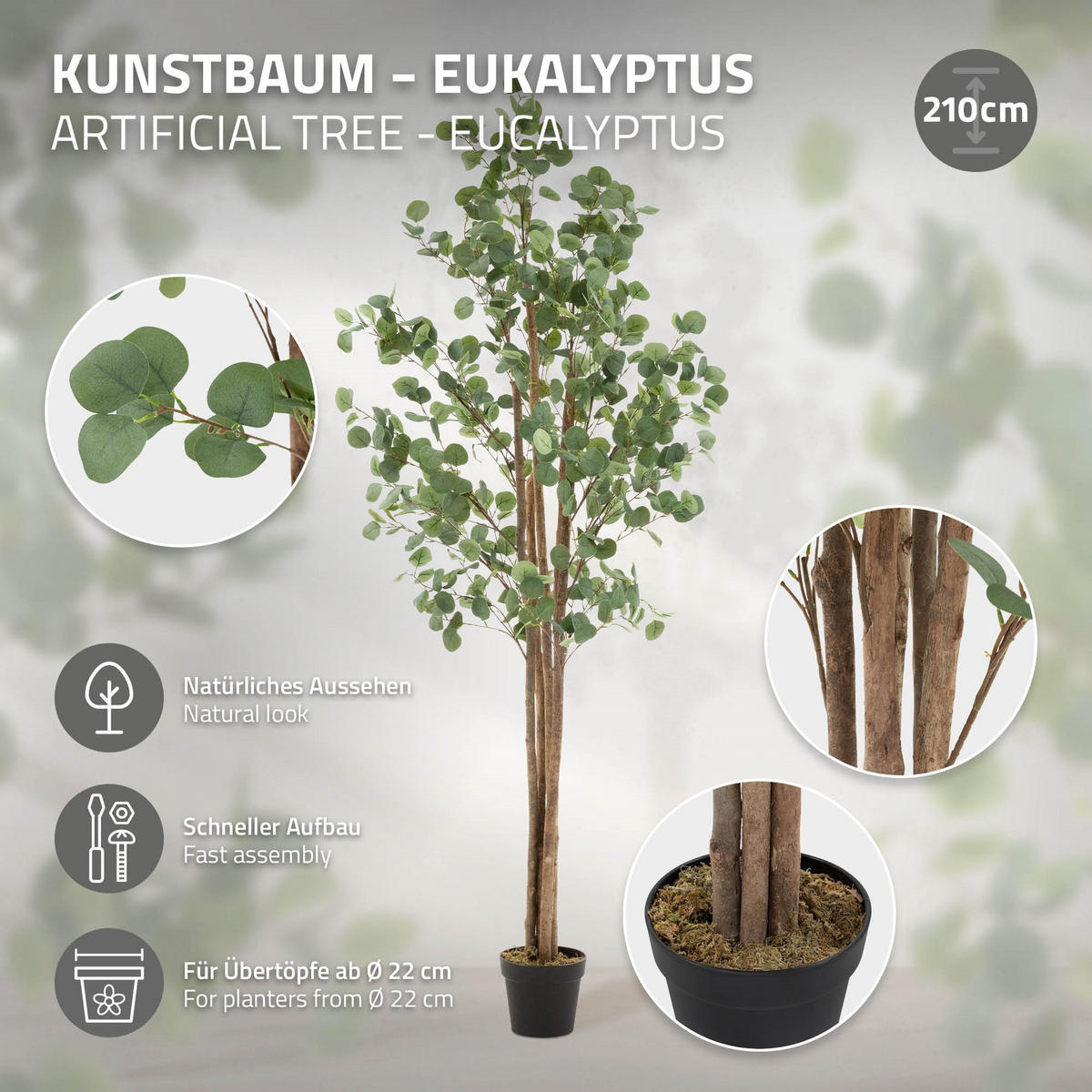 KUNSTPFLANZE Eukalyptus - Anthrazit/Grün, Holz/Kunststoff (210cm) - ML-DESIGN
