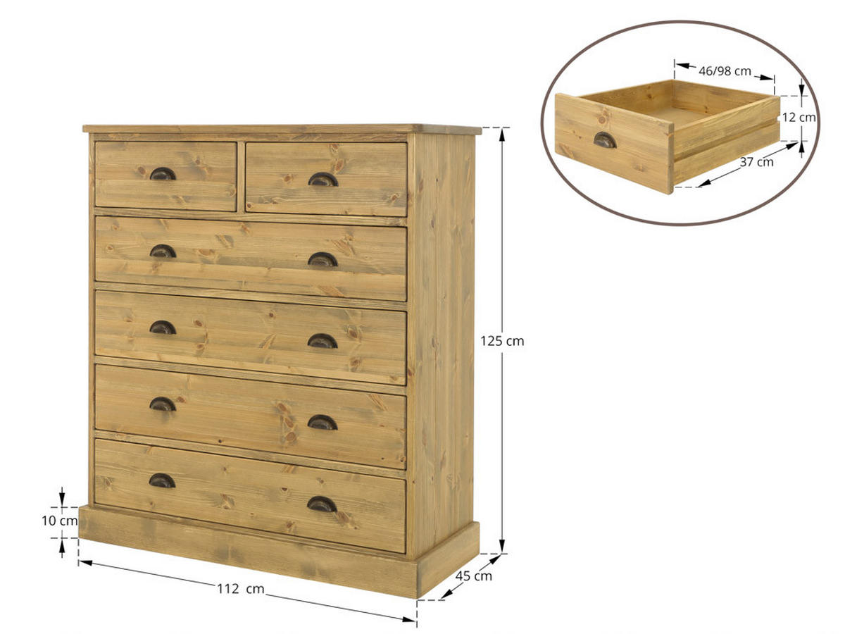 KOMMODE aus Massivholz Dakota 2 - Hellbraun, Holz (112/125/45cm) - Seart