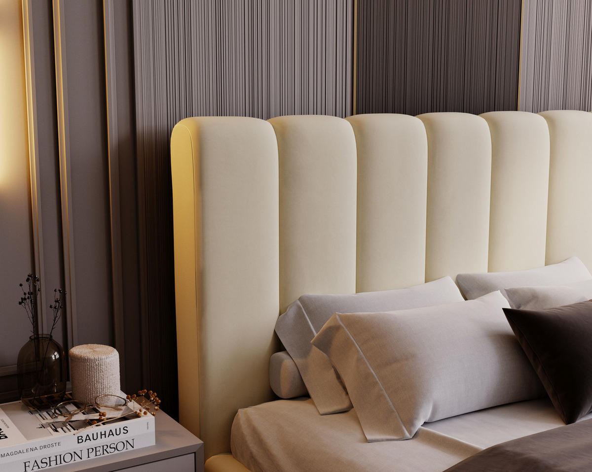 DOPPELBETT 160x200 Valetta mit Bettkasten, Velvet Vanille - Beige, Holz/Textil (160/200cm) - Emporius