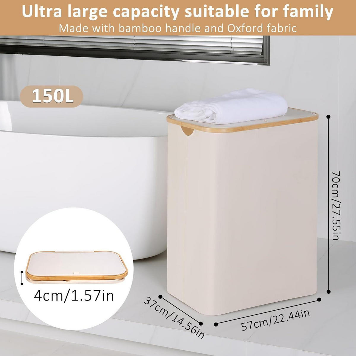 WÄSCHEKORB 150L 2 Fächer mit Deckel und Bambusgriff Beige - Beige, Textil (37/70/53cm)
