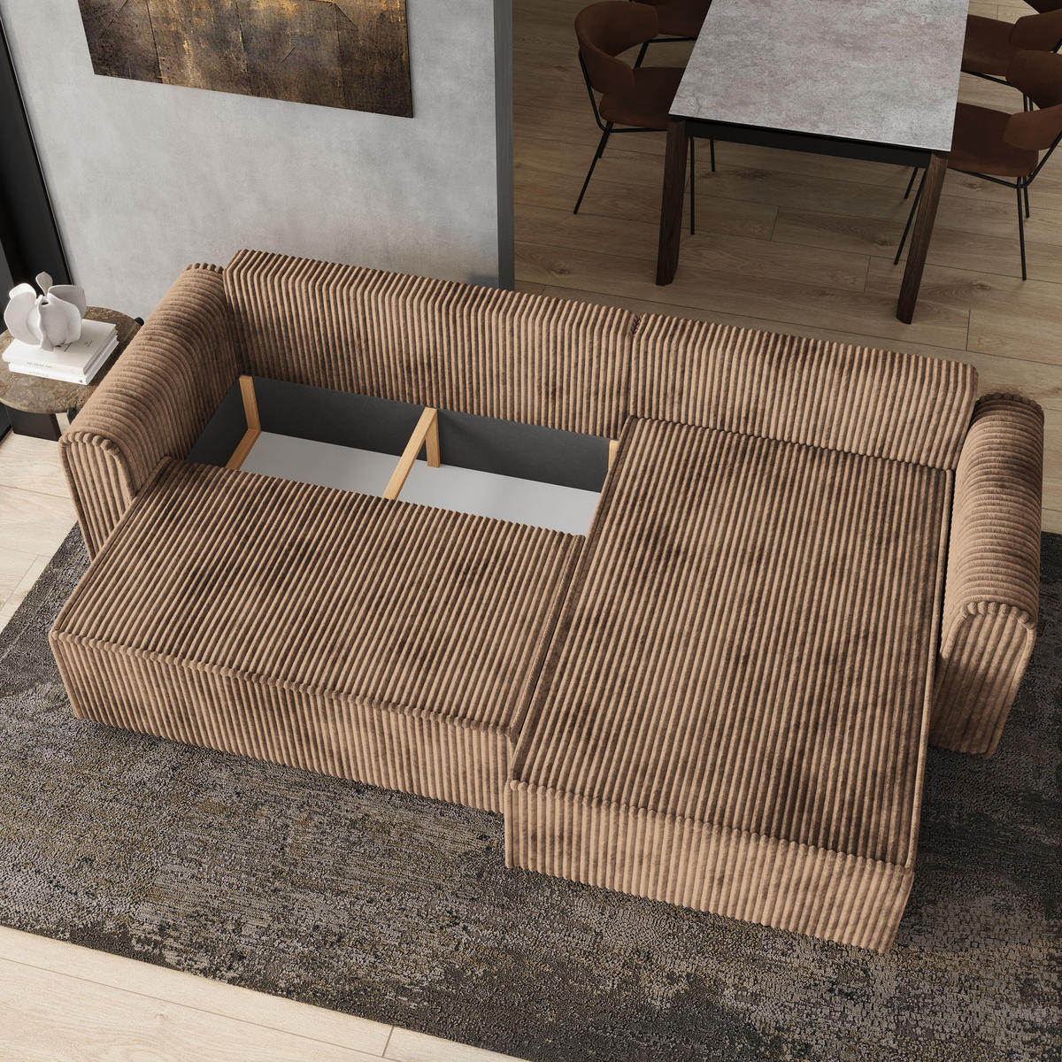 ECKSOFA VALTINO Beige Kordstoff mit Schlaffunktion - Beige, Holz (275/148cm) - MASSENO
