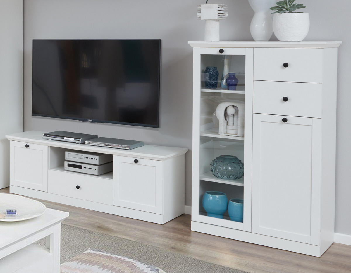WOHNWAND 2-teilig in weiß 235 cm, Wohnkombination im Landhaus-Stil - Silberfarben/Weiß, Glas/Holzwerkstoff (41/129/235cm) - Top.Furn