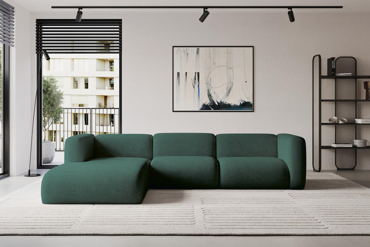 ECKSOFA Ottomane Links MIRA-L2 318x179x89 Grün Velours - Dunkelgrün/Schwarz, Holzwerkstoff/Kunststoff (318/179cm) - ALTDECOR
