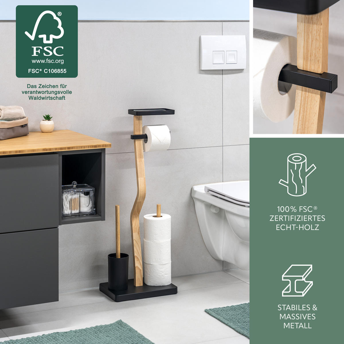 STAND-WC-GARNITUR 4IN1, schwarz - Schwarz, Holz (30/80/20cm) - eluno