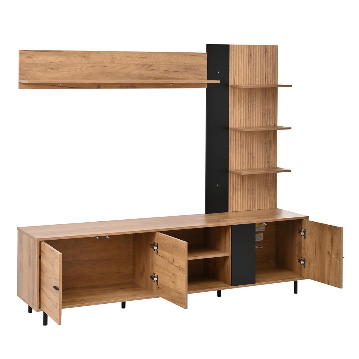 WOHNWAND 188cm Holz Schwarz TV-Board Vitrine Regal - Multicolor, Holzwerkstoff (187.5/167/40cm) - FLIEKS