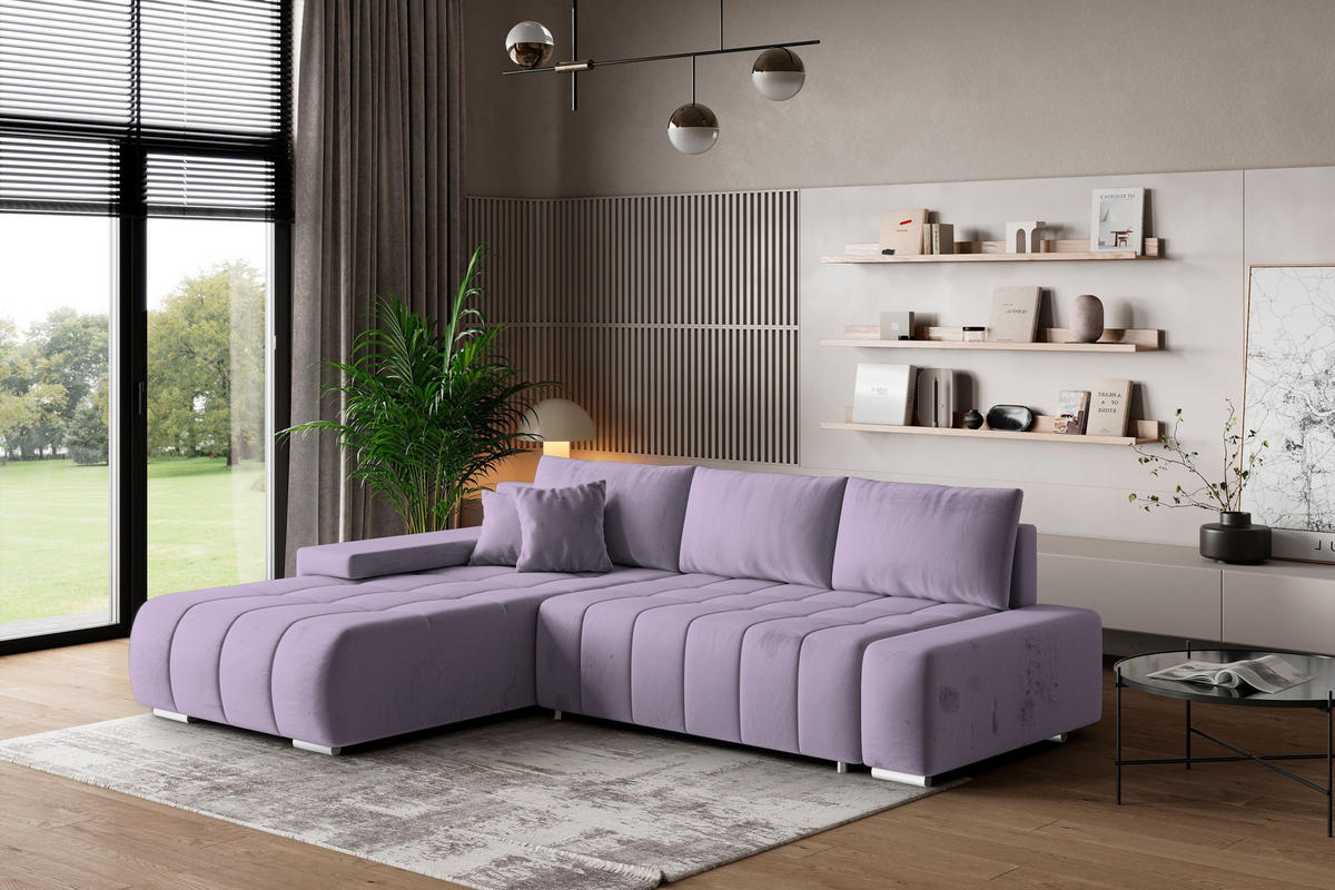 ECKSOFA ALESE L-S Lila Velours-Stoff mit Schlaffunktion - Lila, Holz (265/185cm) - MASSENO