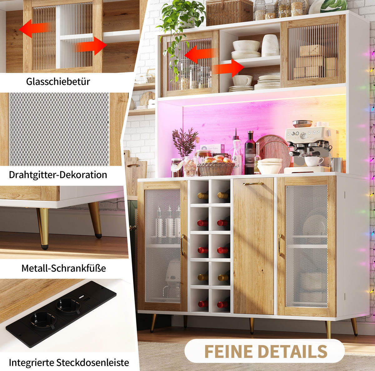 BUFFETSCHRANK 120/40/170 cm Weiß/Holzdekor aus MDF mit LED und Steckdose - Weiß, Holzwerkstoff (120/170/40cm) - OKWISH