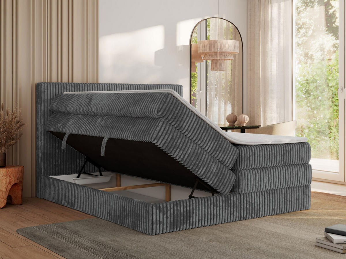 BOXSPRINGBETT TILIANO KING - 180/200 - Grau Cord - H3 - Grau, Holz/Textil (180/200cm) - MKS