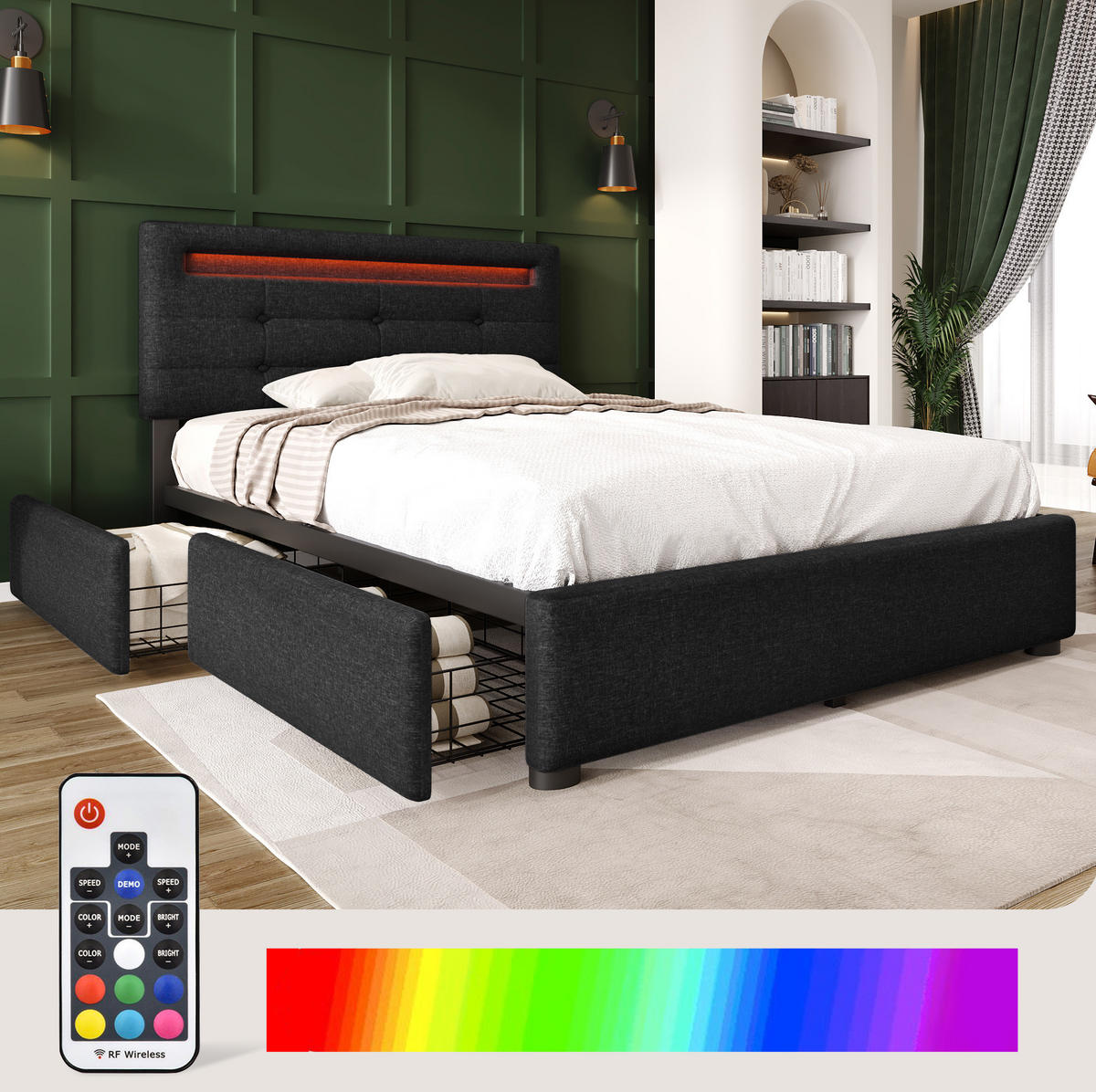 ČALÚNENÁ posteľ z ľanového materiálu 90x200 cm čierna s LED osvetlením, 2 zásuvkami a nastaviteľným čelom - čierna, textil (90/200cm) - Modfu