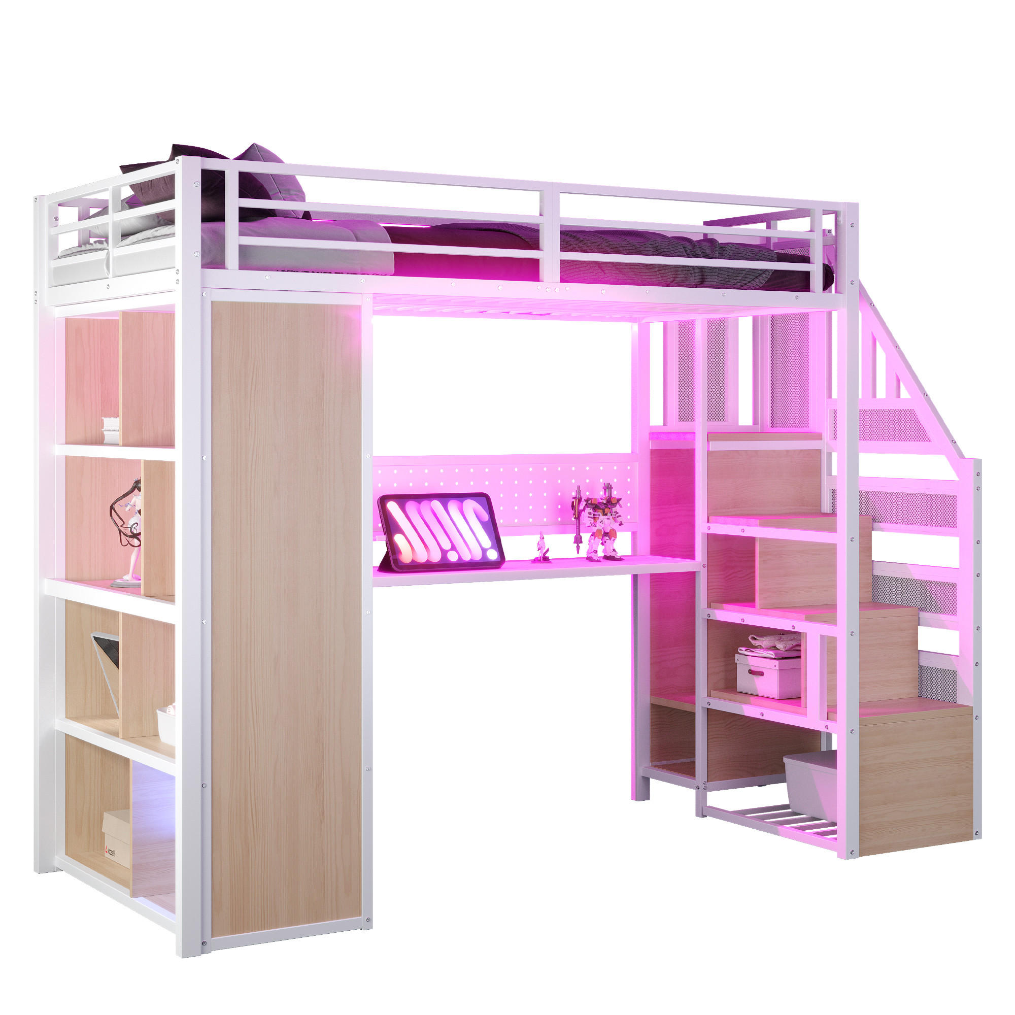 STILVORA HOCHBETT 90/200 cm in Weiß mit Stauraumtreppe, Kleiderschrank, Schreibtisch und LED