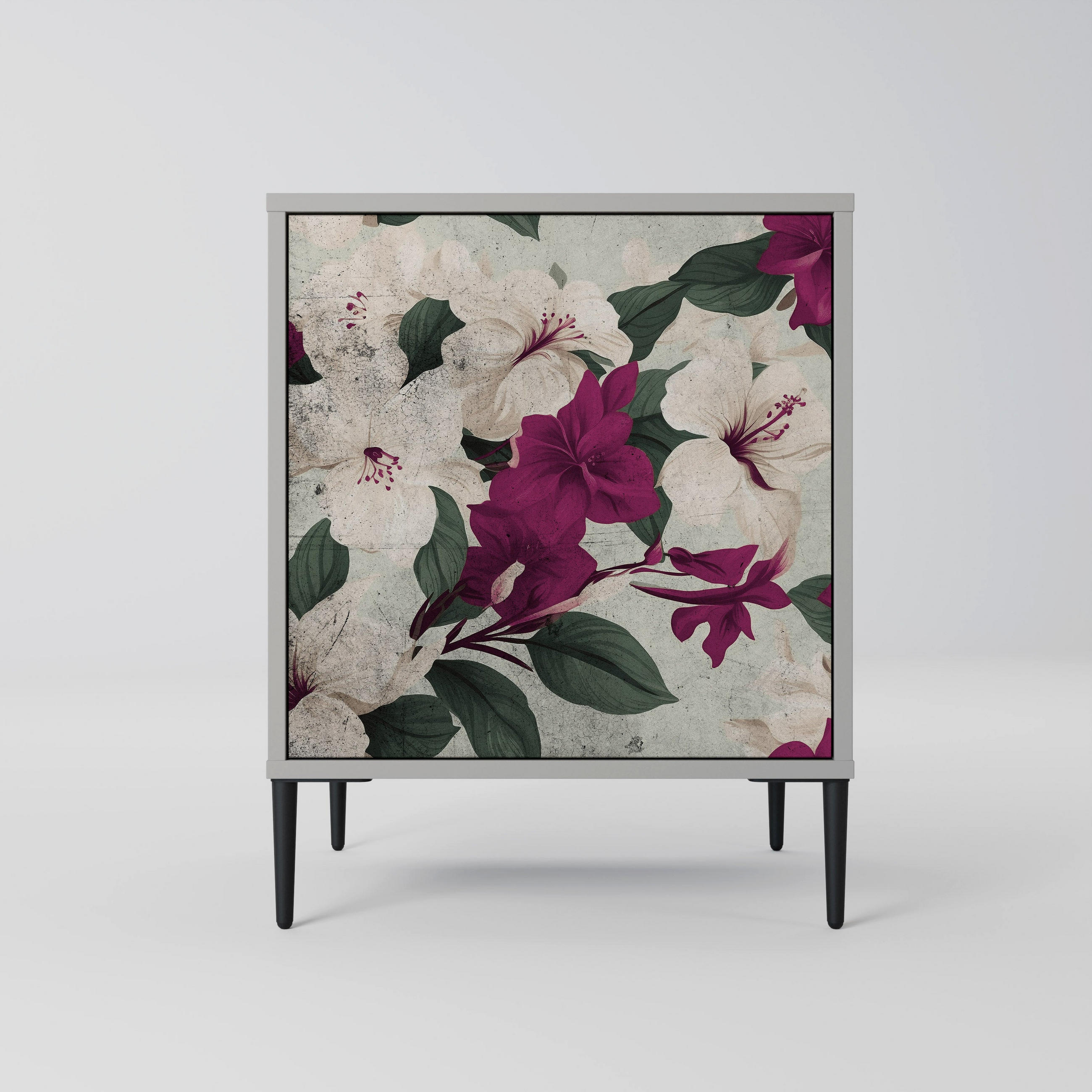 SIDEBOARD FLOWERET DREAM, Grau, 57,5x42x72,5 cm, Schwarze Metallfüße - Multicolor/Schwarz, Holzwerkstoff/Metall (57.5/72.5/42cm) - SpaceRebels