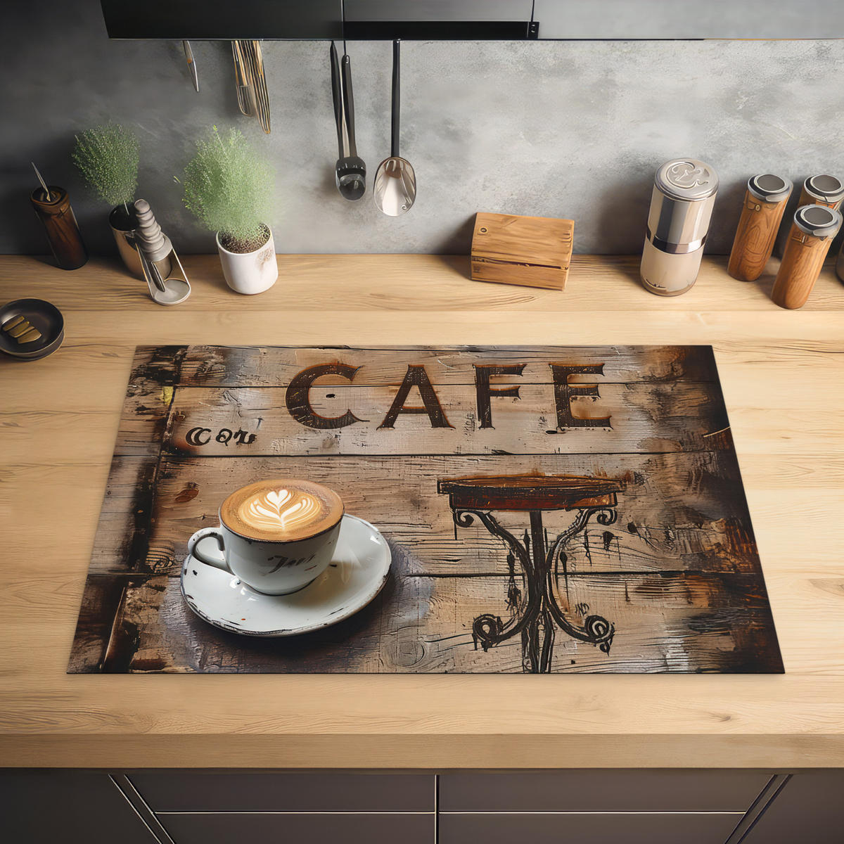 HERDABDECKPLATTE Cafe - Holz - Kaffee - Regale Induktionsschutz 80x52.2 cm - Schwarz, Kunststoff (80.2/52.2/0.2cm) - MuchoWow