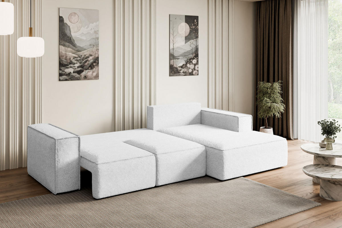 ECKSOFA mit Schlaffunktion und Bettkasten SERRA-L-S - 266x161x87 cm Weiß Bouclé - Schwarz/Weiß, Holzwerkstoff/Kunststoff (266/161cm) - ALTDECOR