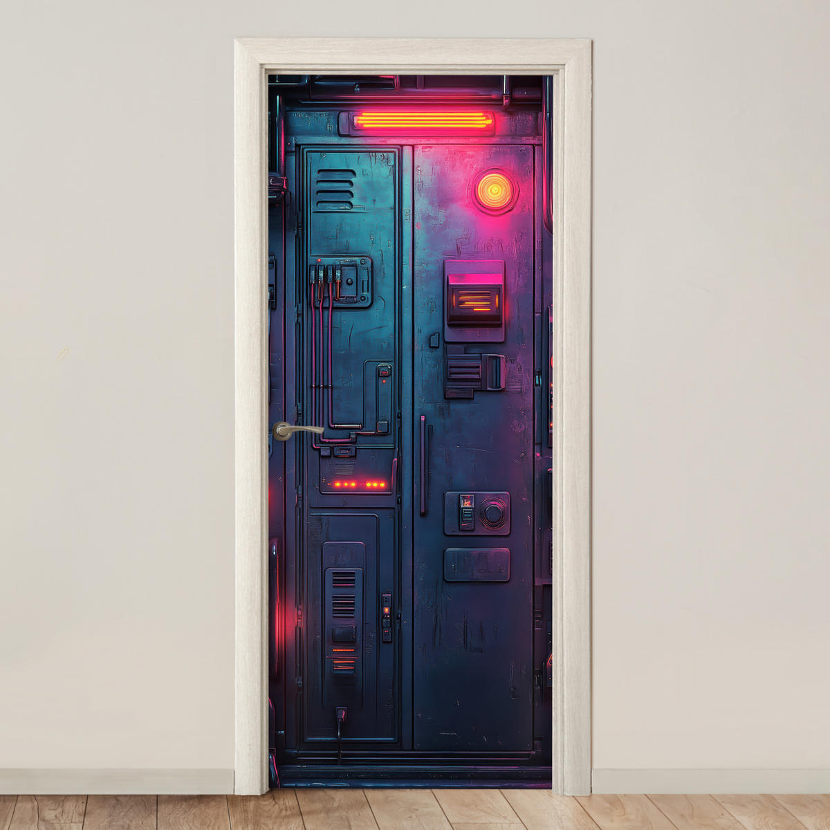 TÜRAUFKLEBER Tür - Futuristisch - Blau - Rosa - Neon Fototapete 75x205 cm - Türtapete - Anthrazit, Kunststoff (75/0.1cm) - MuchoWow