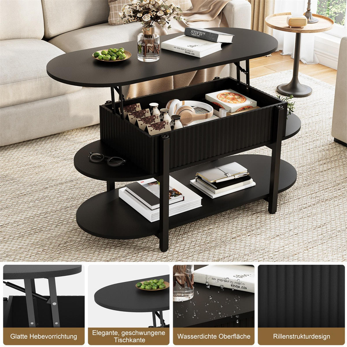 COUCHTISCH - Höhenverstellbarer Couchtisch - Ovaler Lift-Top Tisch mit Stauraum und schwarzen Beinen - Schwarz - Schwarz, Holzwerkstoff (45/106/50cm) - DELFA