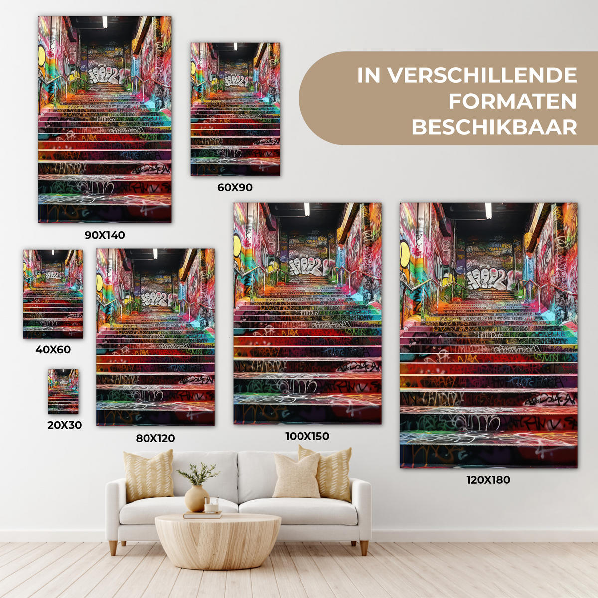 LEINWANDBILD Treppe - Graffiti - Farben - Kunst Wanddeko Schlafzimmer 60x90 cm - Multicolor, Textil (60/90cm) - MuchoWow