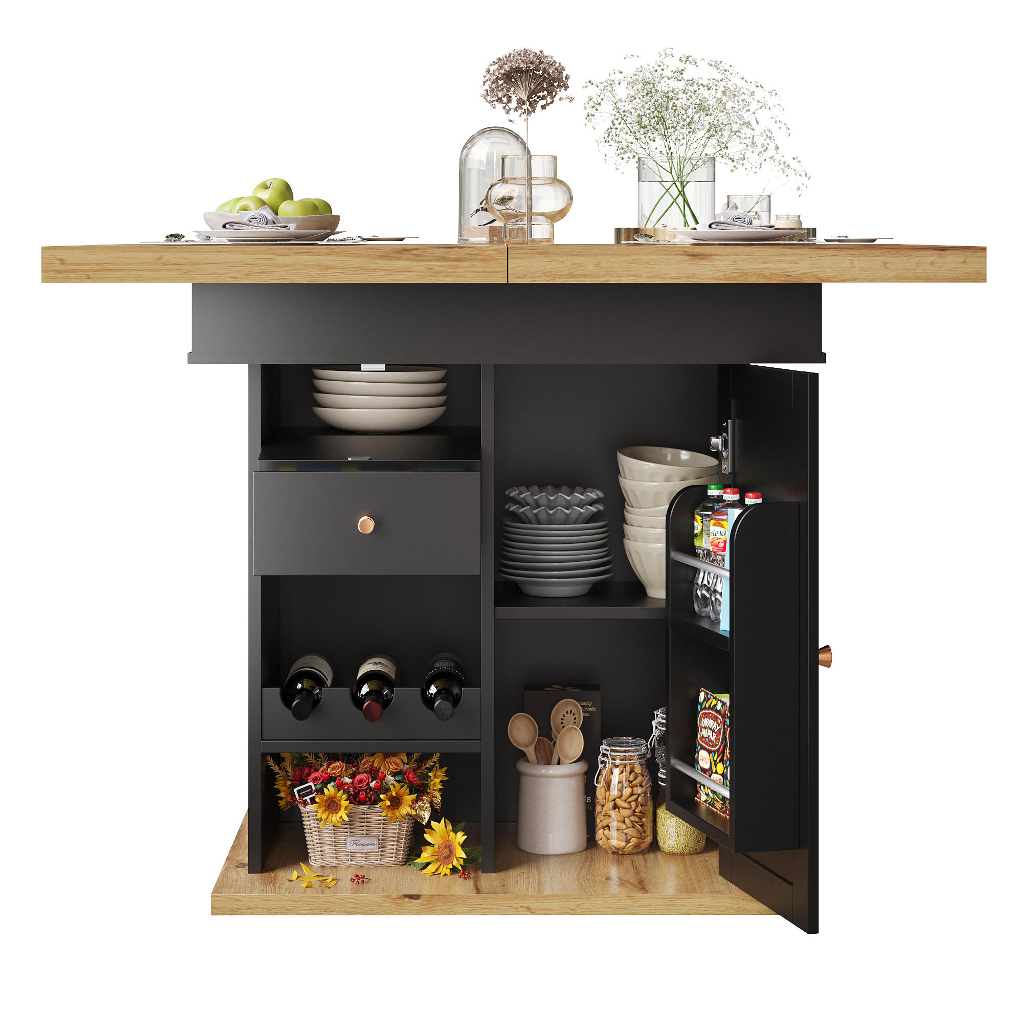 ESSTISCH 110-140/80/75 cm schwarz natur aus MDF mit beidseitigem Auszug und Snack-Weinregal - Schwarz, Holzwerkstoff (110/80/75cm) - OKWISH