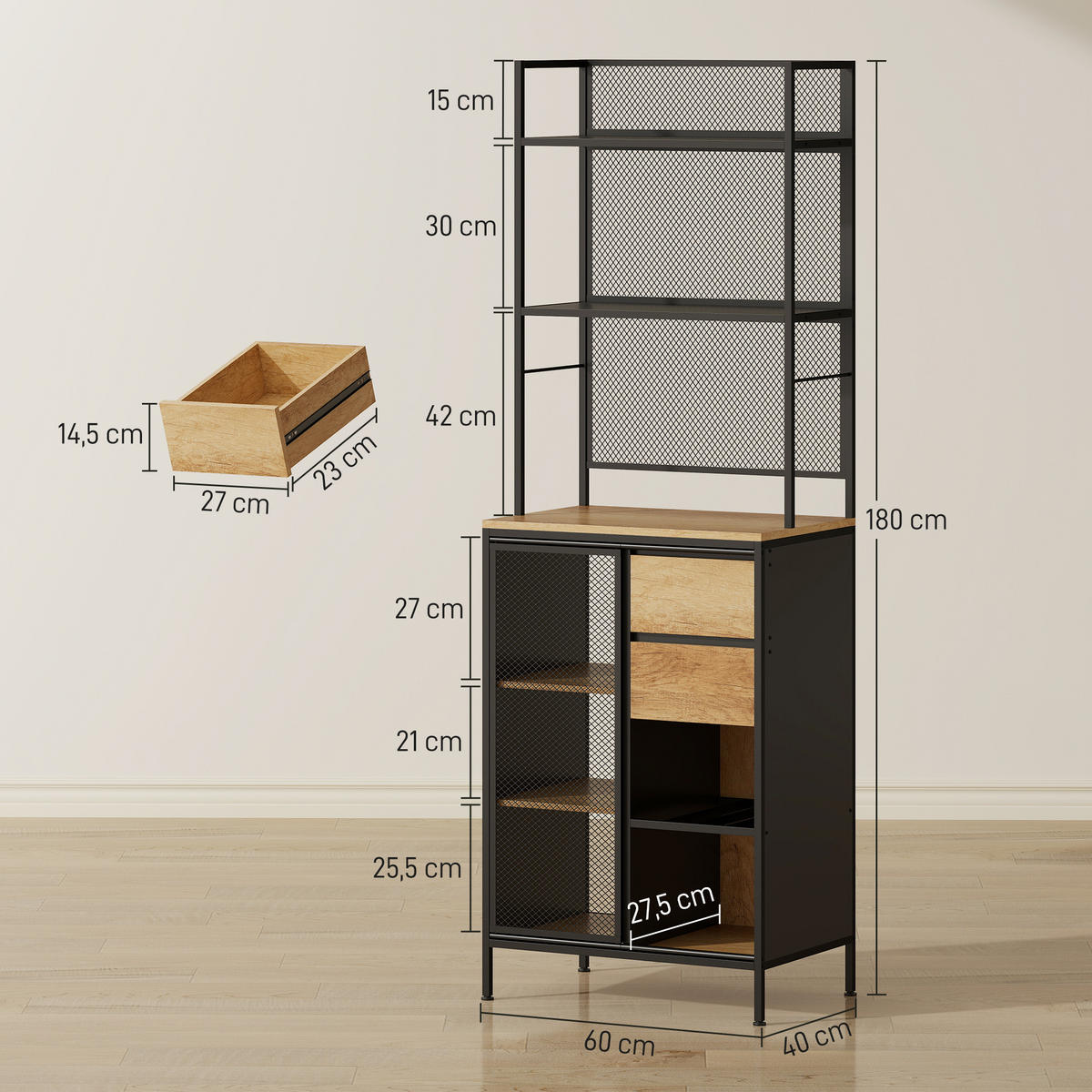 BUFFET DE-11219 Schiebetür mit Schublade & offenen Fächern Naturholz - Naturfarben, Holzwerkstoff (40/180/60cm) - ComfortXL