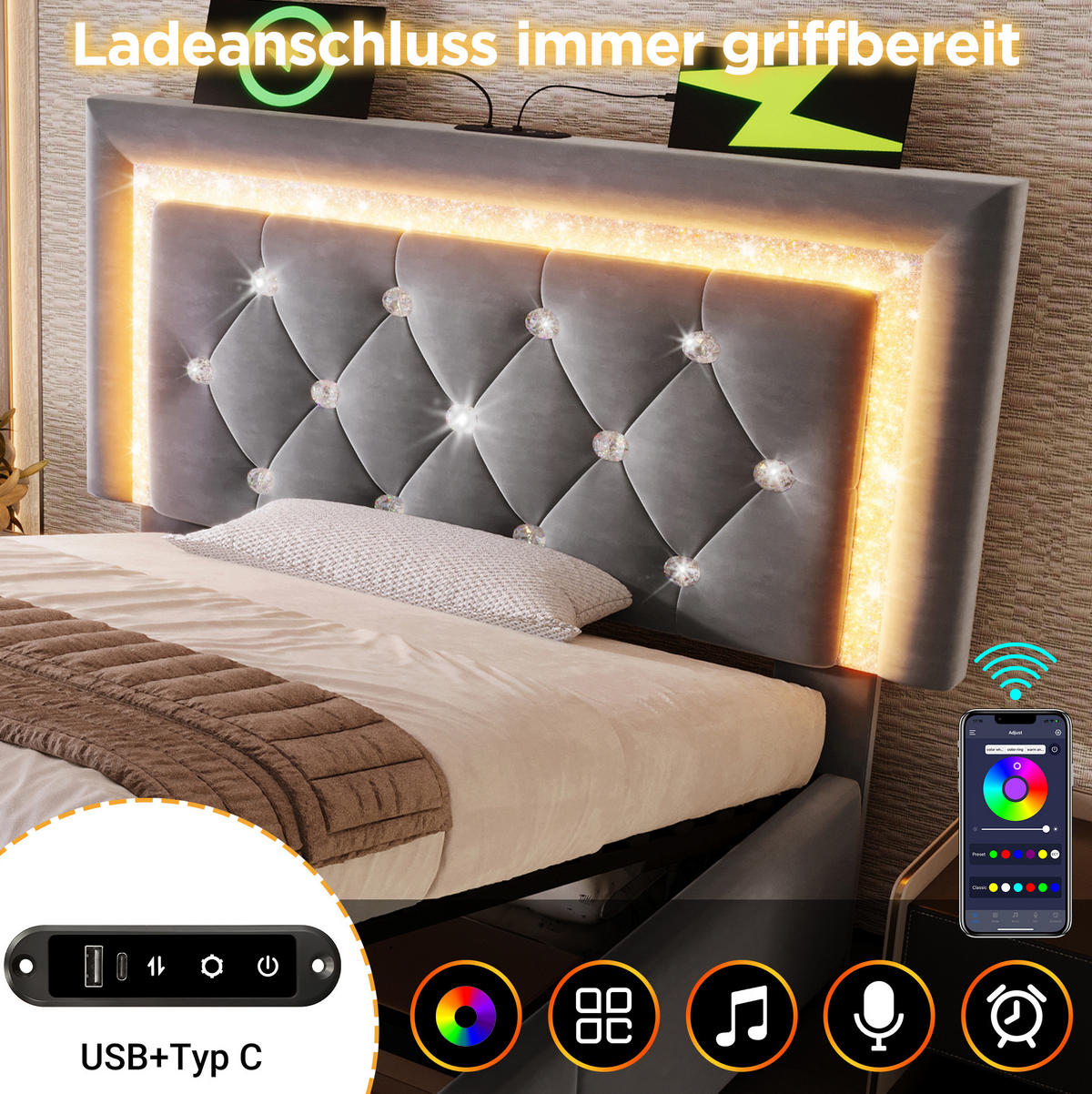 SAMT-POLSTERBETT 90/200 cm mit LED-Beleuchtung, Bettkasten und gepolstertem Kopfteil - Grau, Textil (90/200cm) - BEAOK