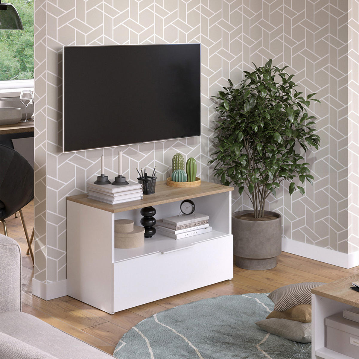 KOMMODE Wido Weiß/Sonoma 80 x 50 cm mit 1 geschlossenem Fach - Weiß, Holzwerkstoff (80/50/40cm) - Vicco