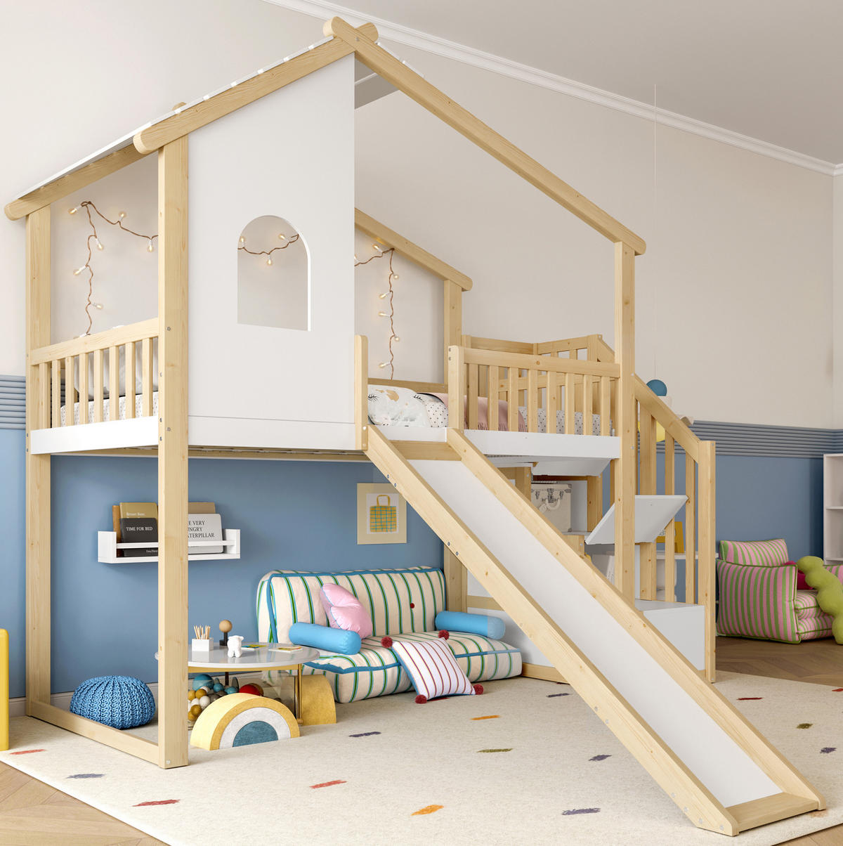 HAUSBETT 90/200 cm Natur/Weiß aus Holz mit Rutsche - Naturfarben, Holzwerkstoff (90/200cm) - OKMYHOME