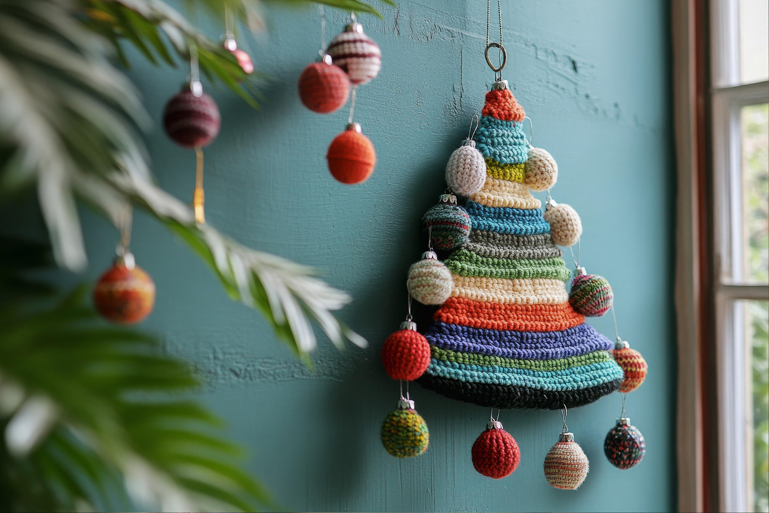 Bunt gestrickter Weihnachtsbaum, der an einer Wand hängt und festliche Stimmung verbreitet.