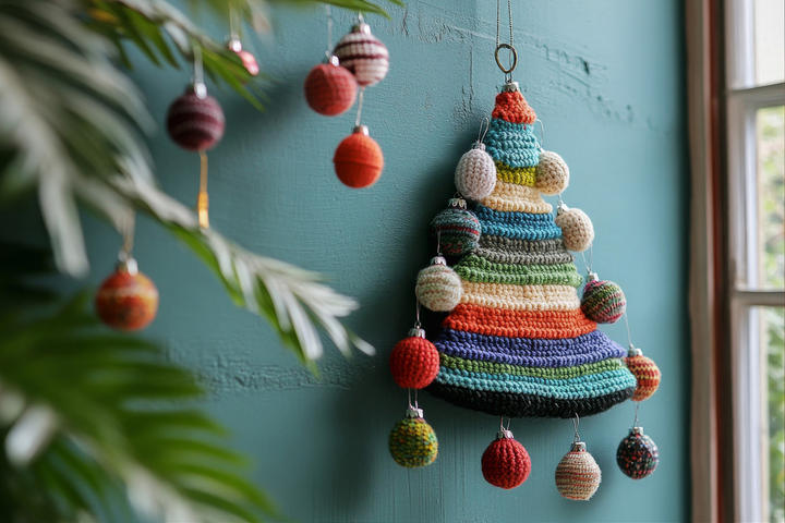 Bunt gestrickter Weihnachtsbaum, der an einer Wand hängt und festliche Stimmung verbreitet.