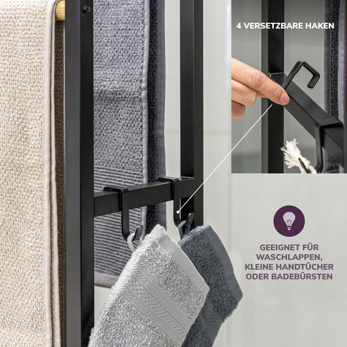 STAND-HANDTUCHHALTER, Metall, schwarz - Schwarz, Metall (65/21/96cm) - eluno