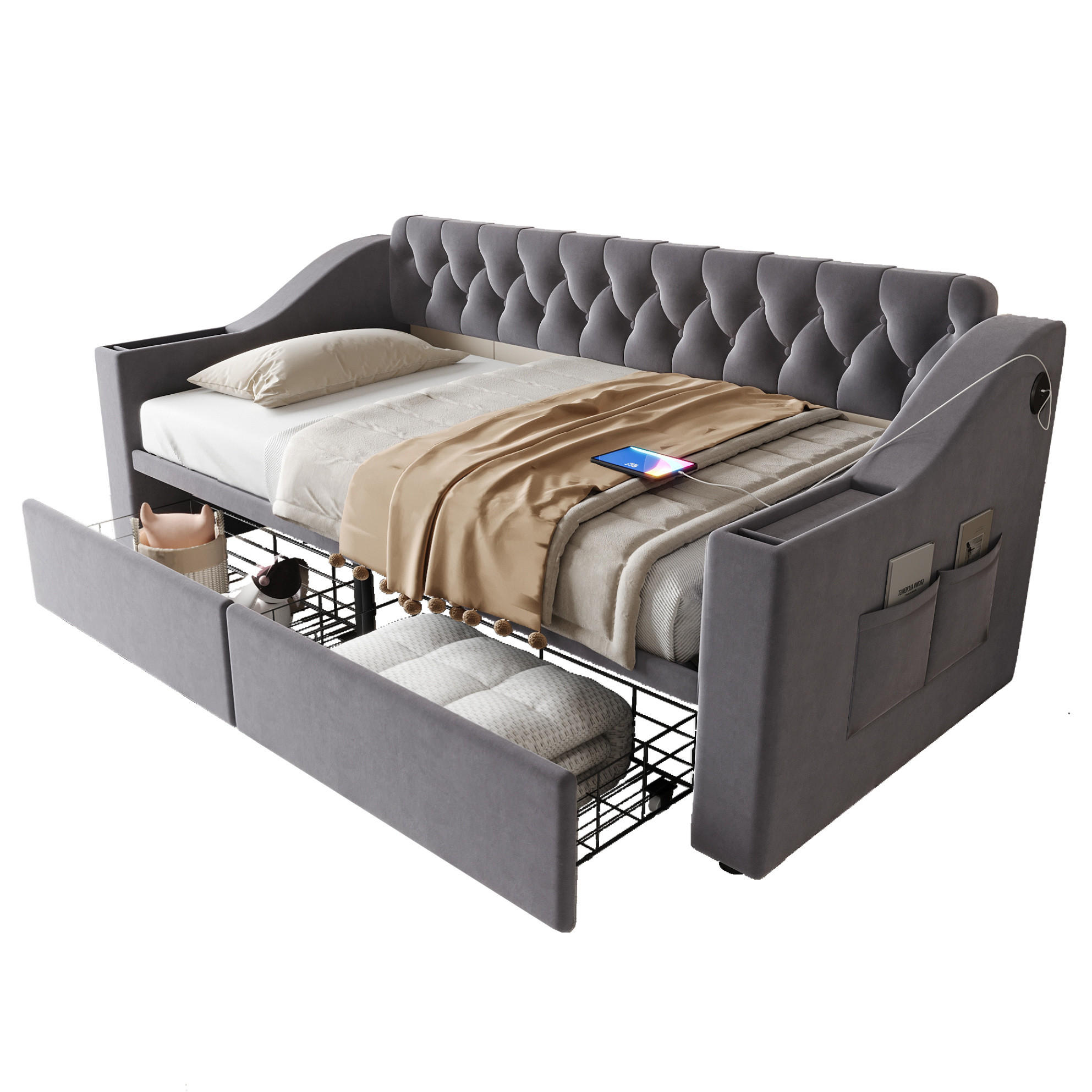 POLSTERBETT 90/190 cm Dunkelgrau aus Samt mit Stauraum und USB- und Type-C-Anschlüssen - Grau, Textil (90/190cm) - OKWISH