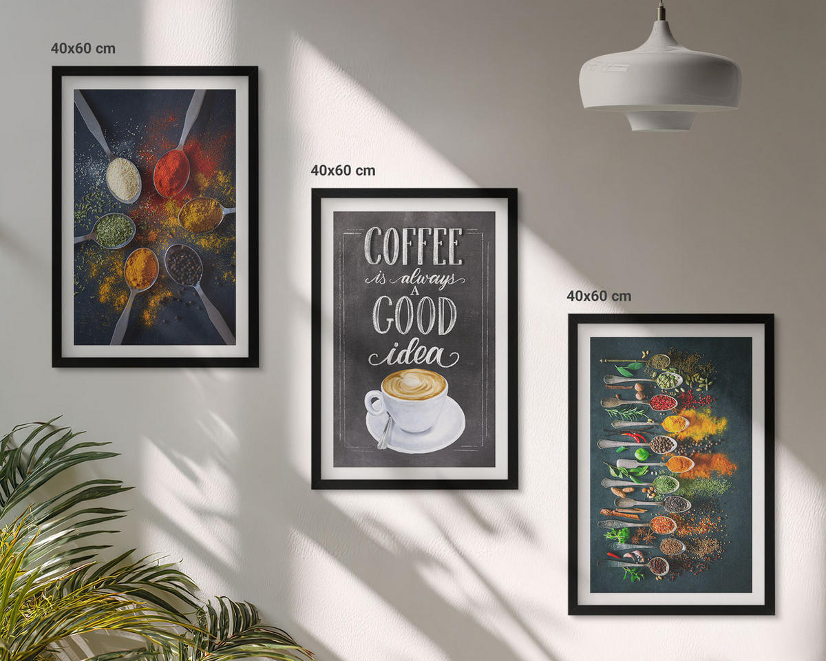 BILDER SET 3er Set - 40x60 cm Schwarzer Rahmen - Gewürze, Kaffee, Kräuter, Muster - Schwarz, Kunststoff (40/60cm) - TULUP