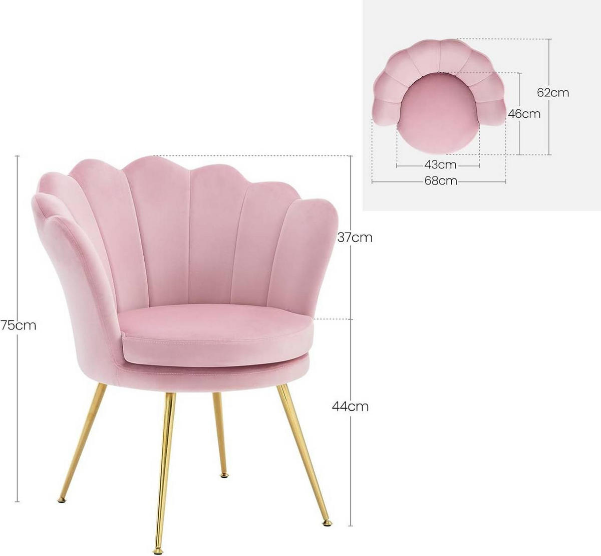 RELAXSESSEL Blumenform, Samtbezug, Rosa+Gold - Goldfarben/Rosa, Textil/Metall (68/75/62cm) - Woltu