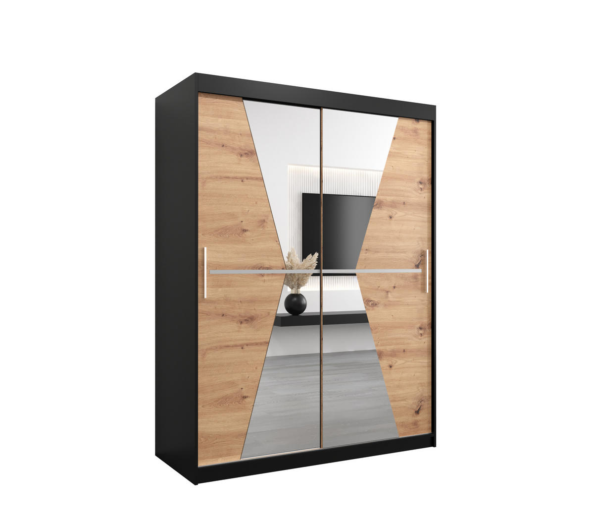 SCHWEBETÜRENSCHRANK 200/150/62 2-türig - Silberfarben/Schwarz, Holz/Kunststoff (150/200/62cm) - Abiks Möbel