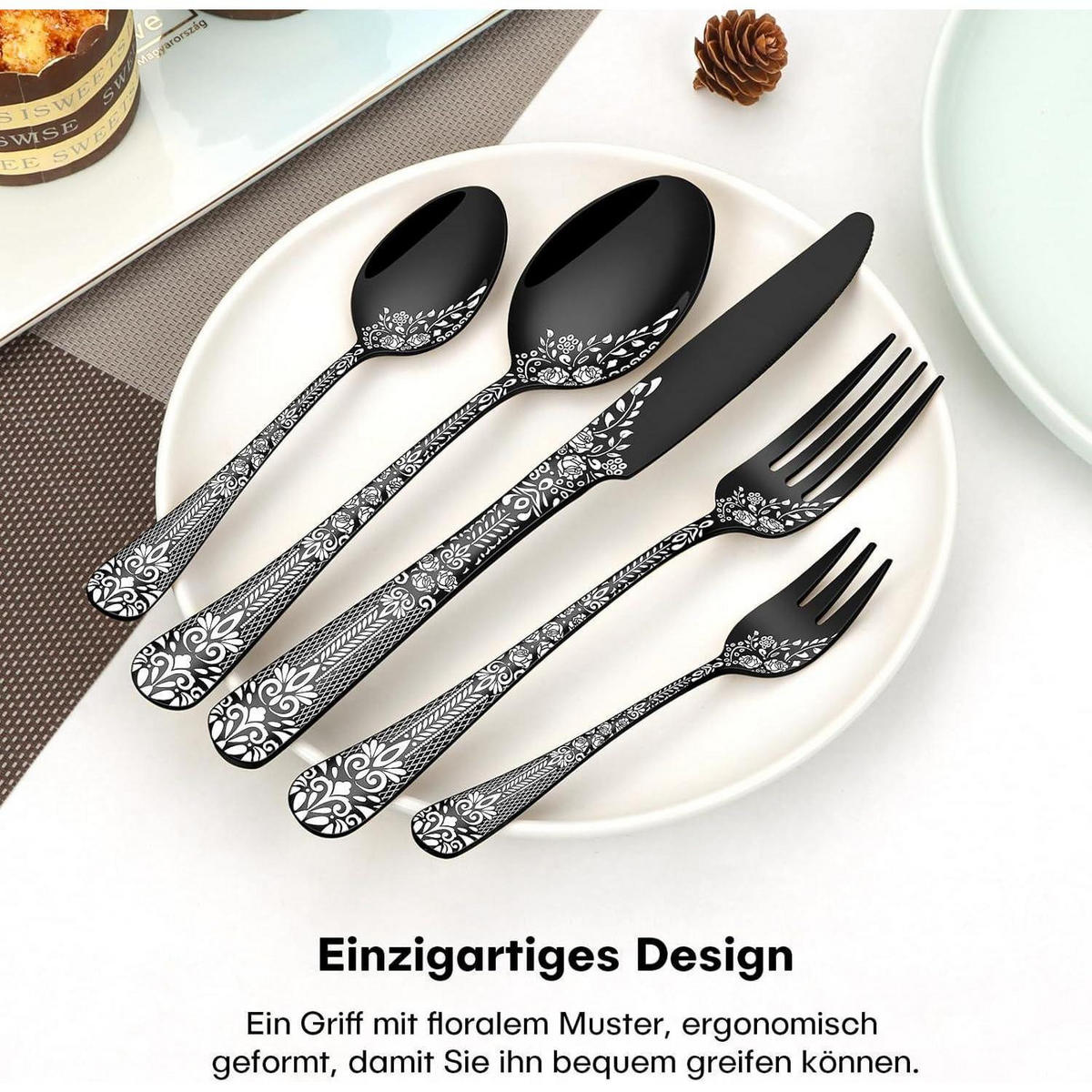 BESTECKSET 30-teilig für 6 Personen Schwarz mit Blumenmuster - Schwarz, Metall