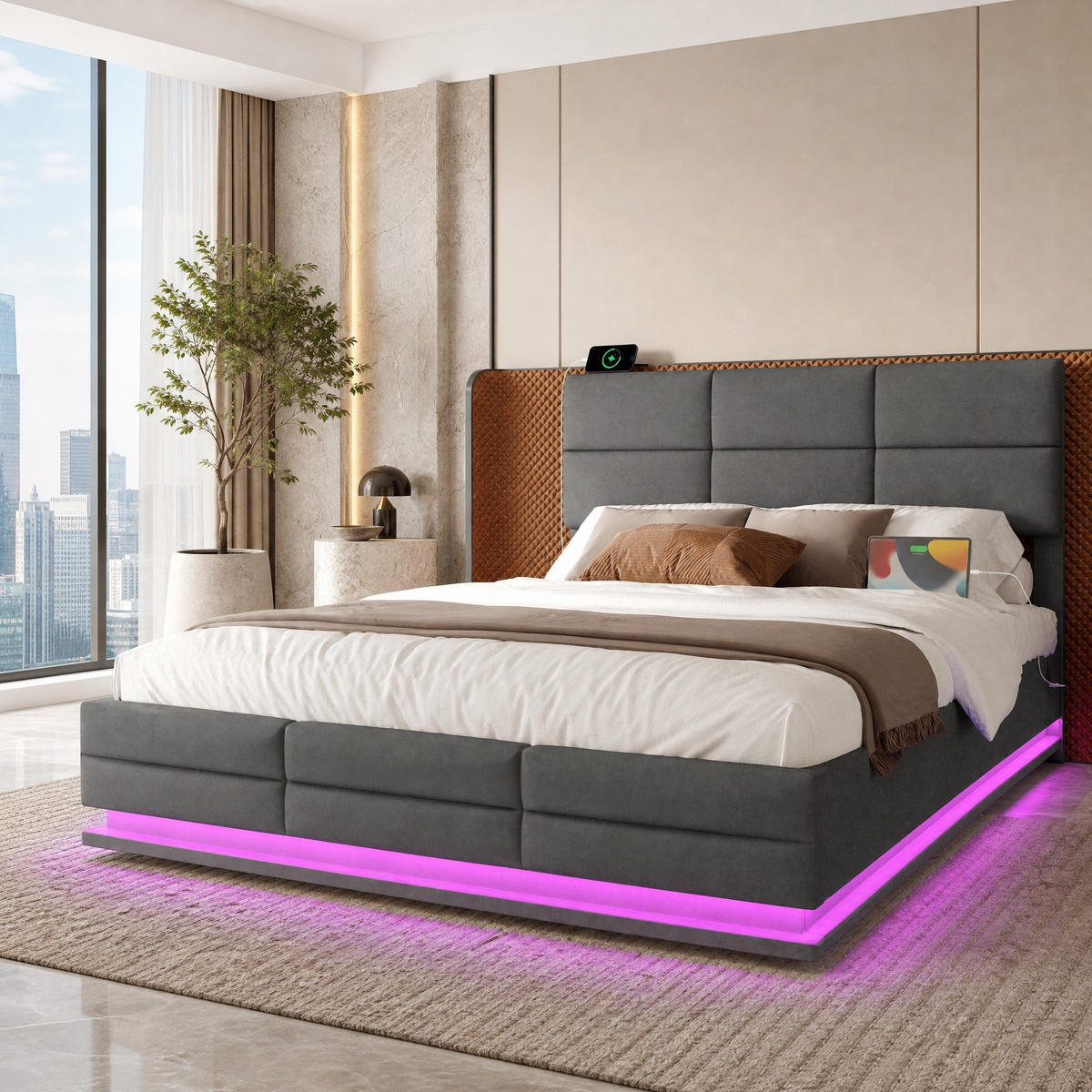 POLSTERBETT 140/200 mit Bettkasten, LED, USB-C, höhenverstellbarem Kopfteil und Samtbezug in Grau - Grau, Holzwerkstoff/Textil (140/200cm) - EVRYAE
