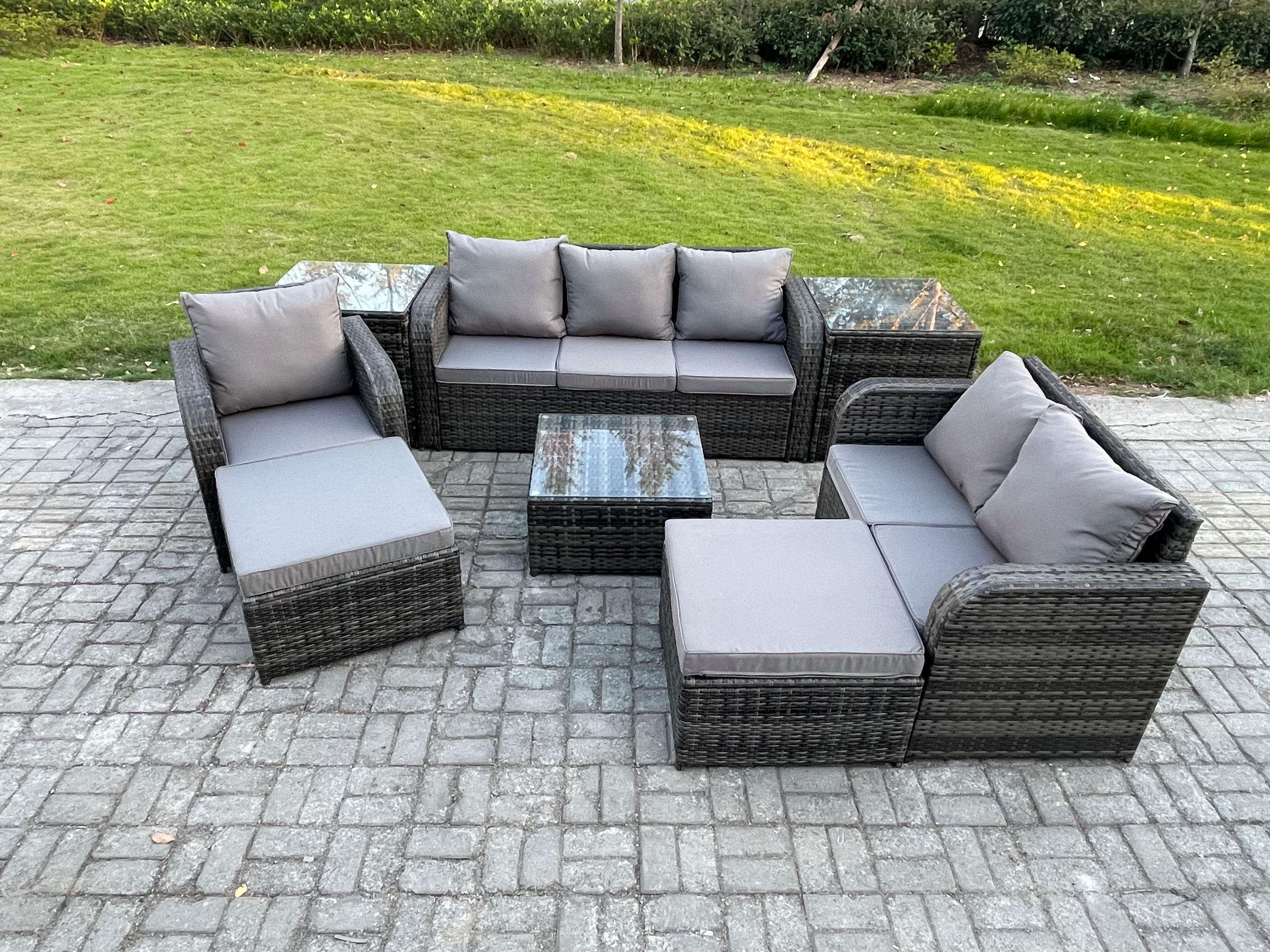 GARTENTISCHGRUPPE Polyrattan Dunkelgrau 8-teilige - Dunkelgrau/Grau, Glas/Kunststoff - Fimous