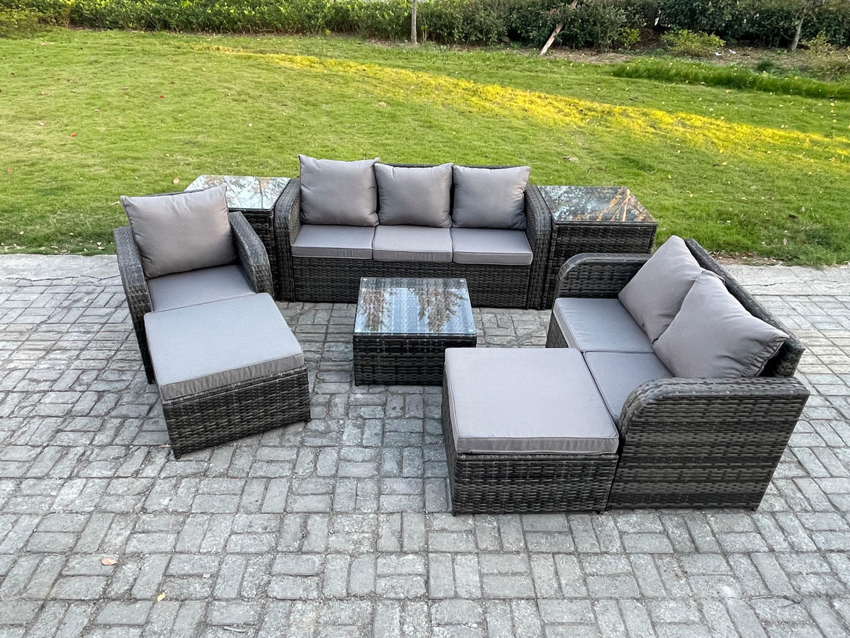 GARTENTISCHGRUPPE Polyrattan Dunkelgrau 8-teilige - Dunkelgrau/Grau, Glas/Kunststoff - Fimous