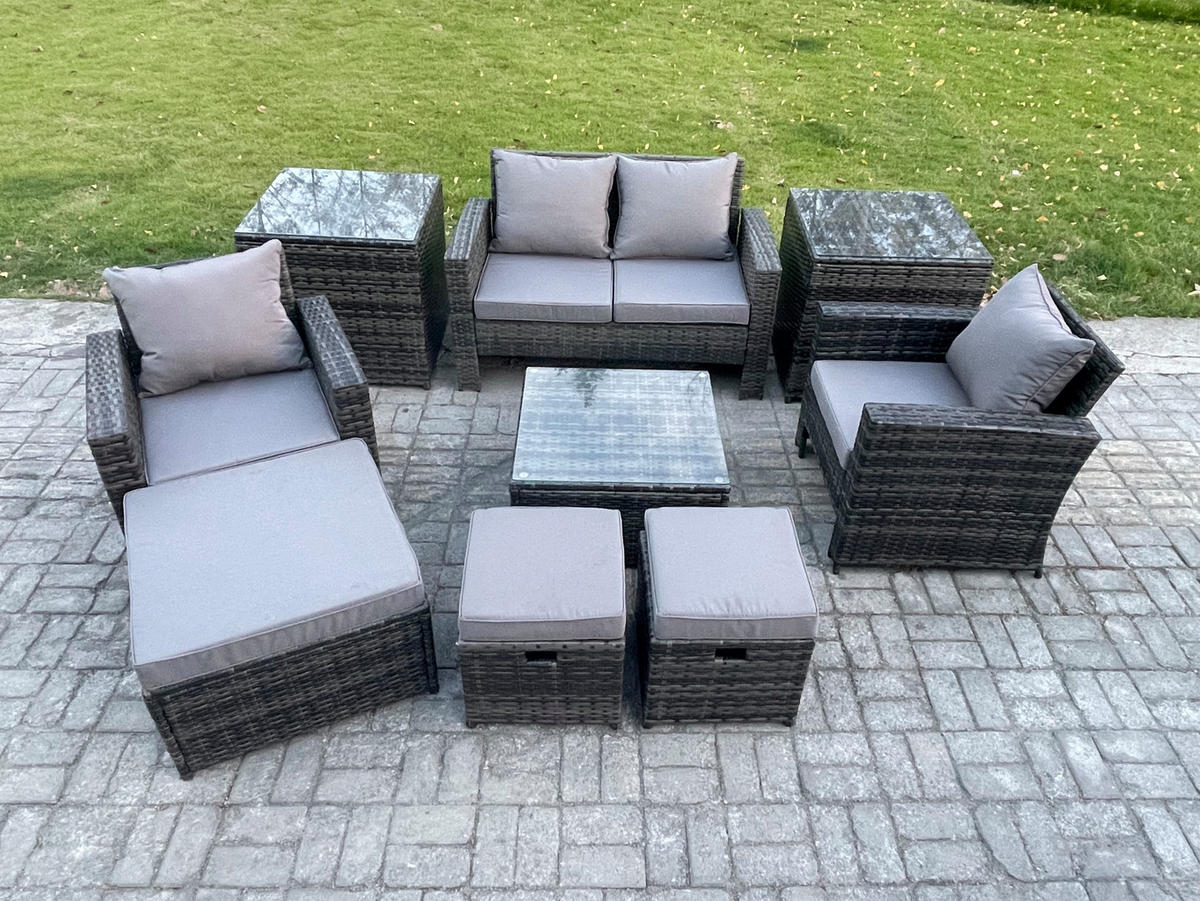 GARTENMÖBEL-SET COUCHTISCH STUHL 2-SITZER SOFA 3 HOCKER 2 BEISTELLTISCHE Polyrattan Dunkelgrau Gemischt 7-Sitzer - Dunkelgrau, Metall - Fimous
