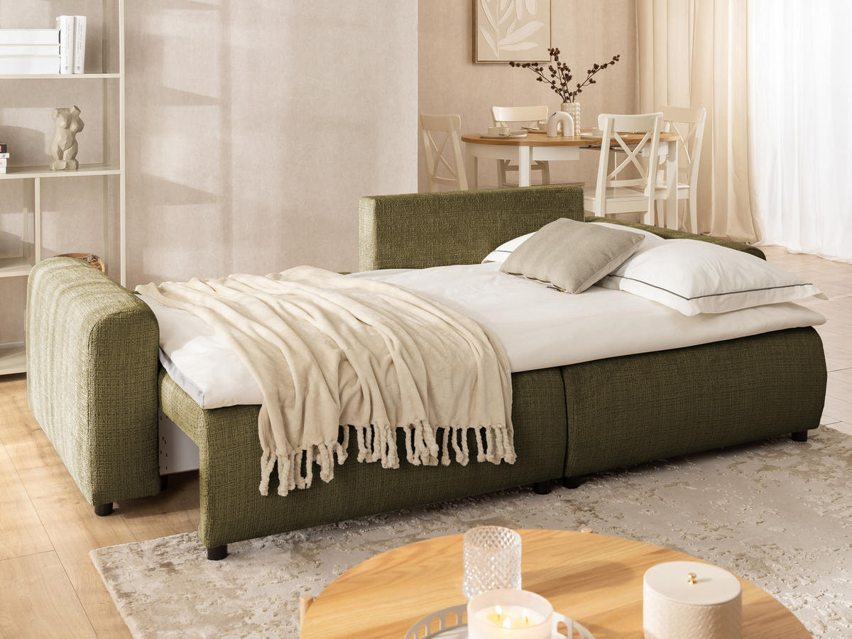 ECKSOFA Calma mit Schlaffunktion und Bettkasten im Bumpy-Design aus weichem Grün Chenille-Stoff - Ottomane rechts - Beige/Schwarz, Holz/Kunststoff (239/140cm) - S-Style Möbel