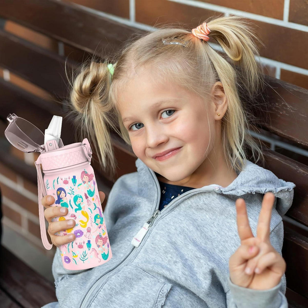 TRINKFLASCHE Kinder 420 ml Edelstahl mit Strohhalm und auslaufsicherem Deckel Rosa Meerjungfrau - Rosa, Metall (7.5/7.5cm)