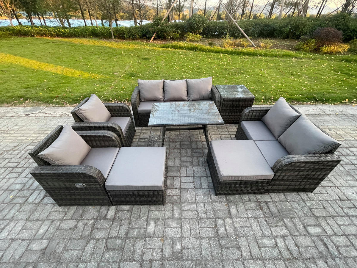 GARTENMÖBEL SET Polyrattan Dunkelgrau 8-Sitzer - Dunkelgrau/Grau, Glas/Kunststoff - Fimous