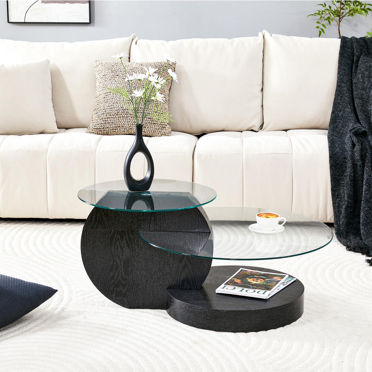 COUCHTISCH in Schwarz Wohnzimmertisch mit zwei Ebenen aus Sicherheitsglas für Wohnzimmer, B90/T70/H44 cm - Transparent/Schwarz, Glas/Holzwerkstoff (90/90/44cm) - STILVORA
