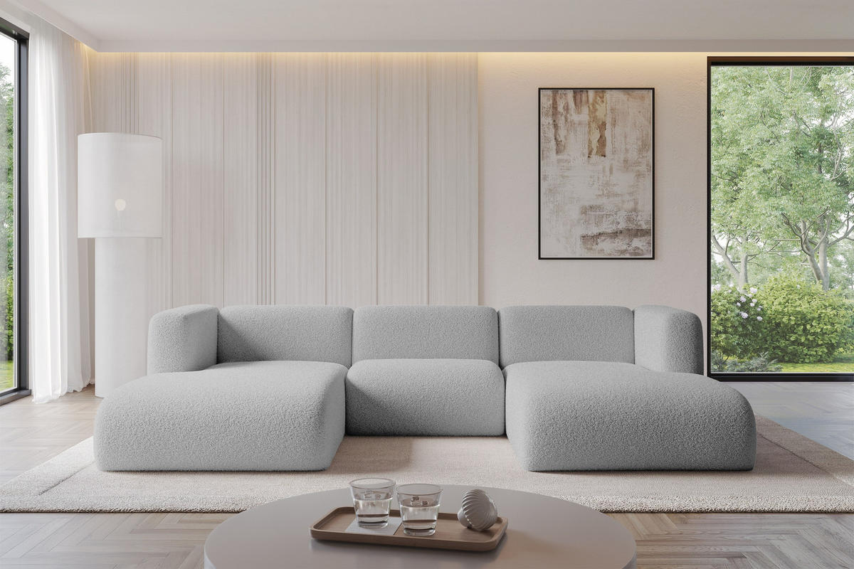 WOHNLANDSCHAFT MIRA-U1 317x179x70 Hellgrau Bouclé - Silberfarben/Hellgrau, Holzwerkstoff/Kunststoff (317/70/179cm) - ALTDECOR
