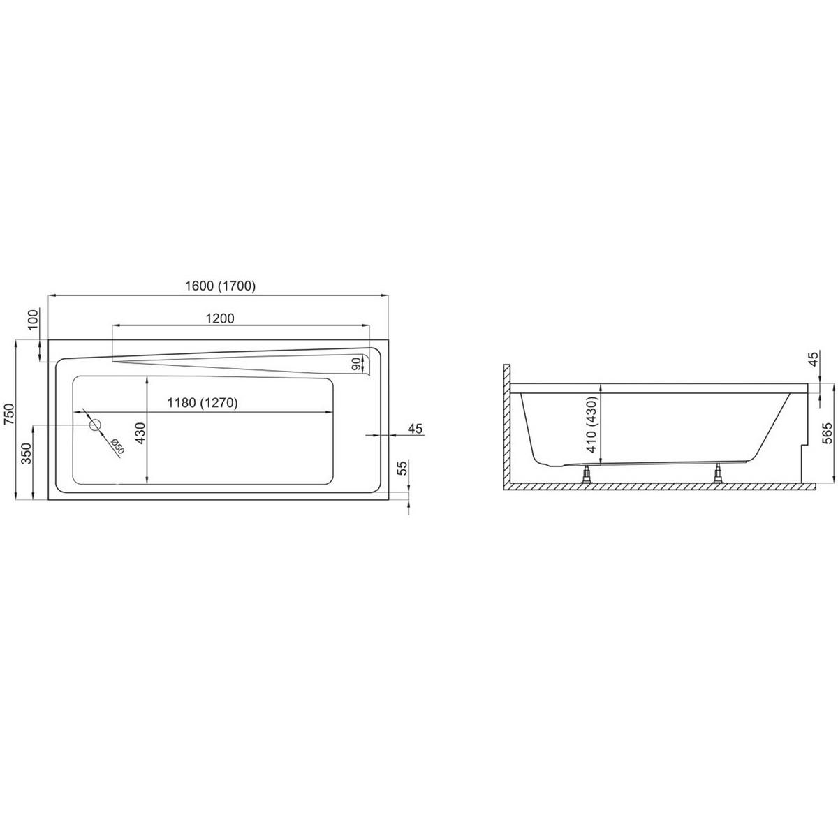 BADEWANNE Rechteck ELZA 170/75 mit Styro Ablauf Füße - Weiß, Kunststoff (75/56.5/170cm) - bad land
