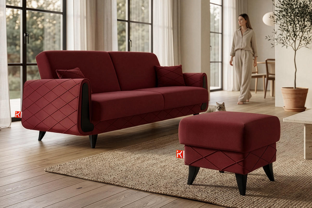HOCKER GUSTAVO III Fußstütze, Velours, Bordeaux - Bordeaux, Holz/Holzwerkstoff (53/49/53cm) - KONSIMO®