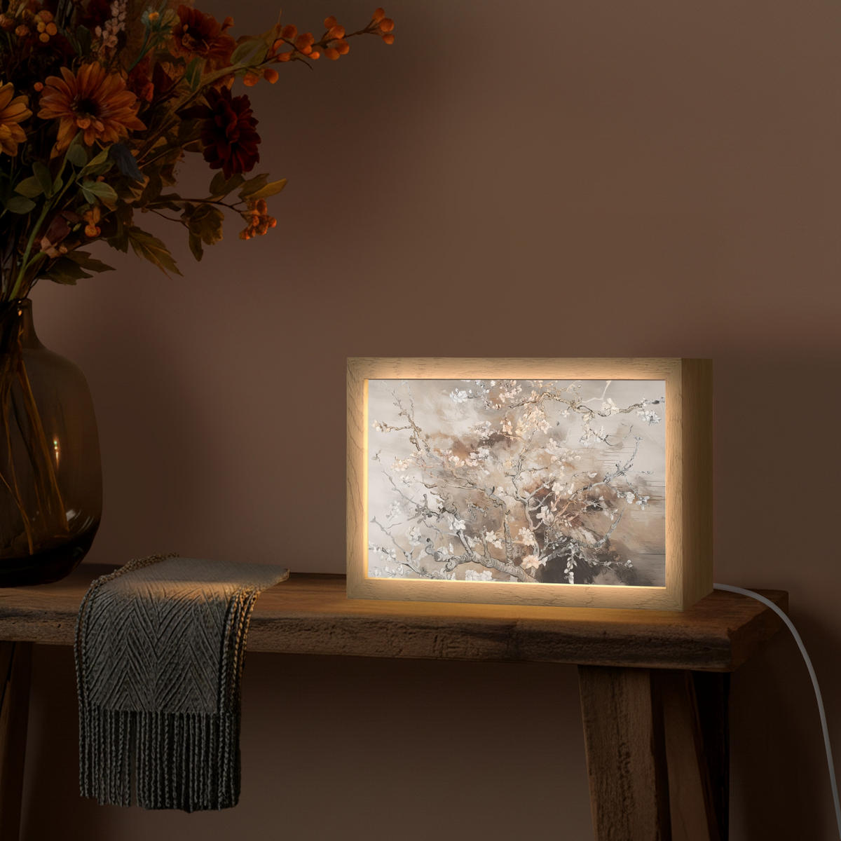 NÁSTĚNNÁ LAMPA Mandlový květ - Umění - Van Gogh - Béžová - Abstraktní 30x20 cm - šedohnědá, kompozitní dřevo (30/20/8cm) - OnlyWow
